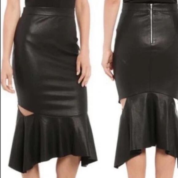 Bardot Women’s Black Faux Leather Zip Cut Outs Midi Milano Skirt Size 4/XS - Picture 8 of 8